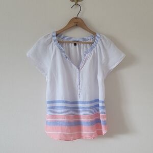 Talbots Petite White Linen Striped Short Sleeve Popover Size XSP